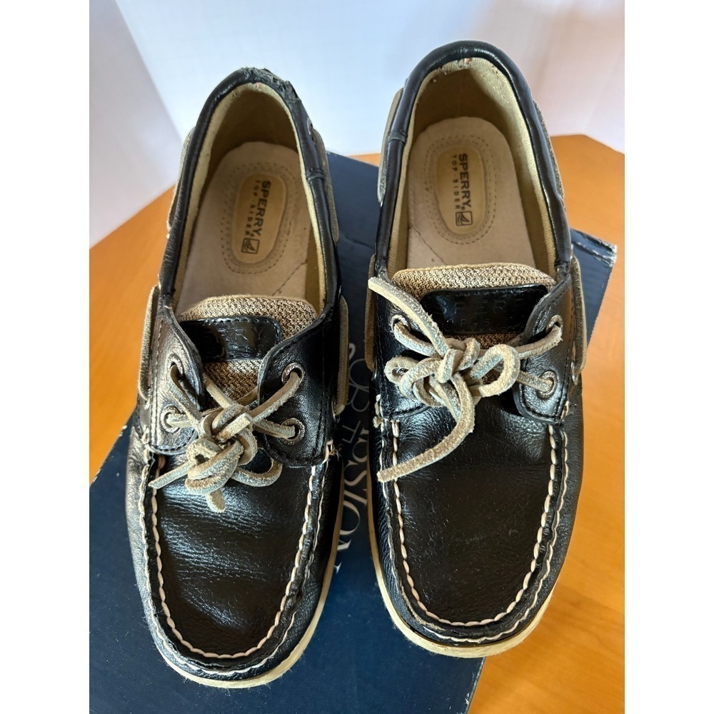 Sperry Top-Sider Boat Shoes Black Leather Canvas/Woven Sides Women 6.5M - Picture 4 of 16